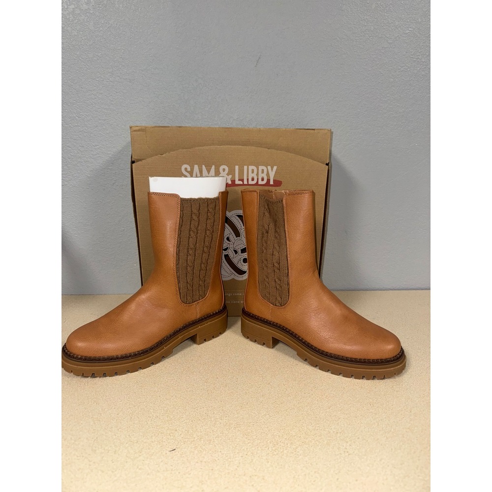 Sam & Libby Womens Brown Cable Knit Lug Sole Mid Calf Boots Size 8.5